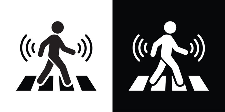 Smart pedestrian icon with signal waves crossing a zebra path. Represents motion sensors, autonomous technology, and high-tech safety systems in modern smart city infrastructure.