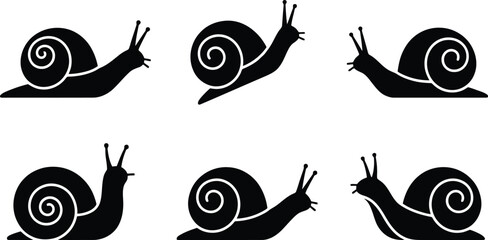 Snail silhouettes collection, crawling creatures,nature design, projects shown, transparent background. © Arobe