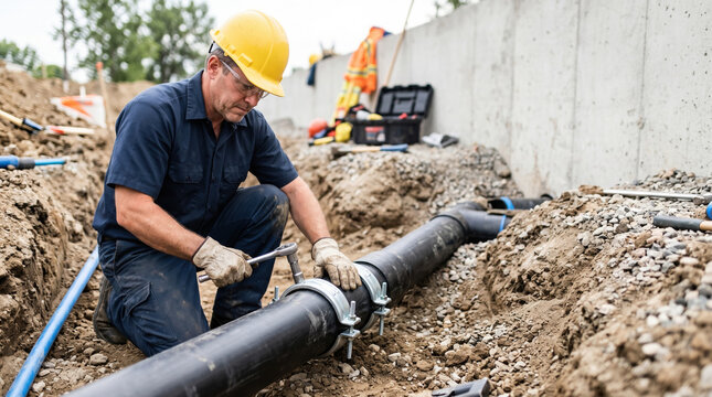 Worker securing water pipe with clamps in construction site trench. Skilled technician fastens black water pipe using wrench while wearing safety gear and hard hat.