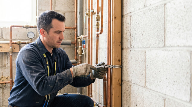 Man securing water pipe with clamps on wall during plumbing work. Professional plumbing activity involves careful installation and maintenance of water systems.