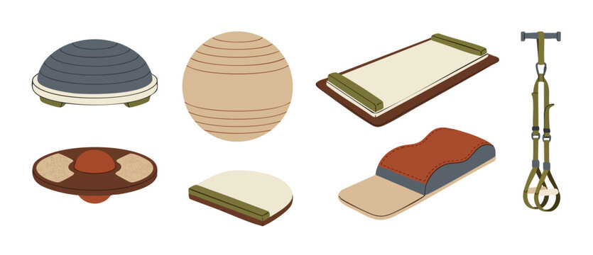 Fitness Equipment Set for Pilates and Balance Training Vector Illustration featuring Bosu ball, exercise stability ball, wooden balance board, yoga mat, pilates arc barrel and suspension gym straps