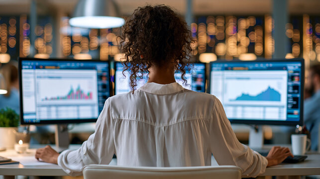 Faceless IT manager at a desk with three monitors showing a unified ERP system, inventory, HR, and finance modules visible simultaneously on each screen, defocused corporate
