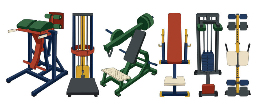 Gym Equipment Set Vector Illustration, Professional Strength Training Machines for Bodybuilding, Weightlifting, and Fitness Workout Gear, Isolated Isolated Flat Design Collection on White Background.
