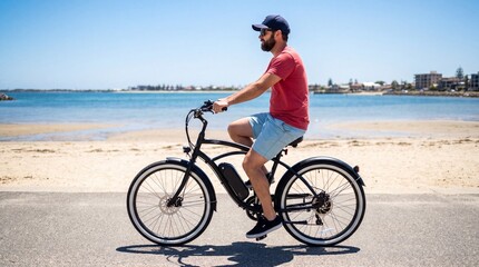 Fototapeta premium A bearded man in casual summer clothing rides an e-bike along a sunny coastal bike path, enjoying a relaxing ride with a beautiful beach view in the background.