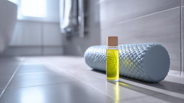 Glass bottle of essential oil next to a textured foam roller on a modern bathroom floor, wellness and recovery