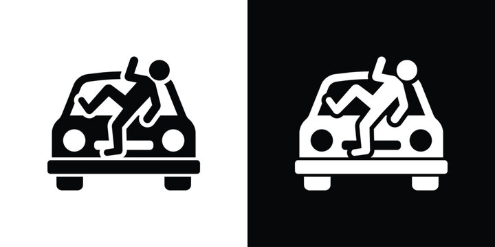 Car accident icon showing a pedestrian hit by a vehicle. Front view of a car colliding with a person. Road safety and traffic incident warning symbol.