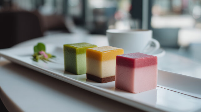 Gourmet square dessert selection on a long white platter, elegant pastry display with blurred cafe background