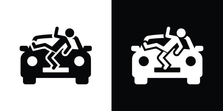 Car accident icon showing a pedestrian hit by a vehicle. Front view of a car colliding with a person. Road safety and traffic incident warning symbol.