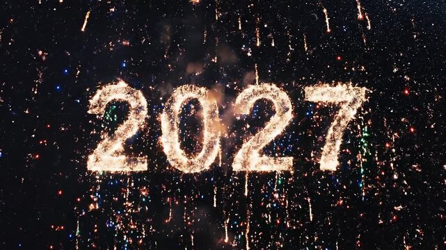 Golden fireworks exploding in night sky forming New year 2027 numbers. Festive holiday celebration pyrotechnics light show for annual clock countdown night event.