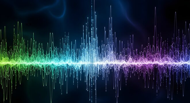 Vibrant sound wave graphic with colorful bars and lines on dark background for music audio visualization technology concept