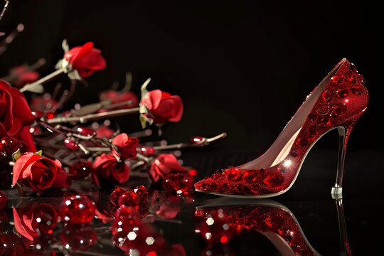 Elegant red high heel shoes with crystals and red roses, creating a luxurious and romantic atmosphere