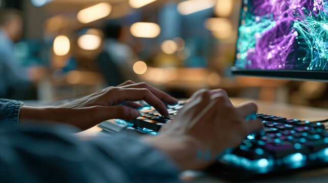 Close-up of faceless programmer's hands typing rapidly on a backlit mechanical keyboard, neural network architecture diagrams reflected in vibrant purple and cyan on the screen,