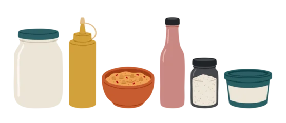 Condiment bottles and food bowl illustration set for kitchen and restaurant menu design. Vector graphic icons of sauce jars, mustard squeeze bottle, hummus bowl, and spice seasoning container on white © Fernando