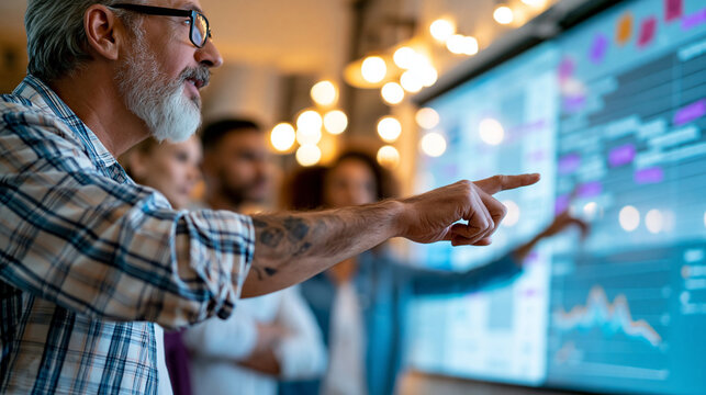 Faceless team lead pointing at a sprint backlog on a projected screen during a standup meeting, story points and velocity chart visible on the projection, defocused small agile