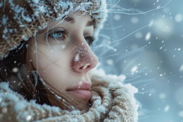 Fototapeta premium Close up portrait of a beautiful woman breathing in cold air with snowflakes on her face during snowfall