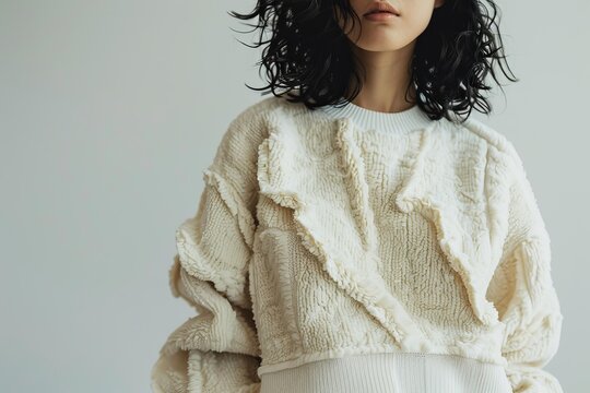 Close up of a fashion model showcasing a trendy winter white sweater with unique textured details, highlighting the garment's design and cozy appeal