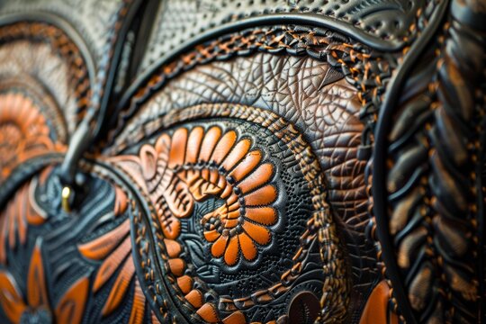 Close up of tooled leather handbag, highlighting the intricate floral patterns and craftsmanship