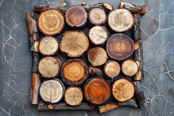 Naklejka premium Wood logs arranged on a cracked concrete floor, creating a rustic and natural aesthetic