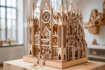 Naklejka premium Laser cut wooden model of a cathedral, showcasing craftsmanship and architectural detail in a bright setting
