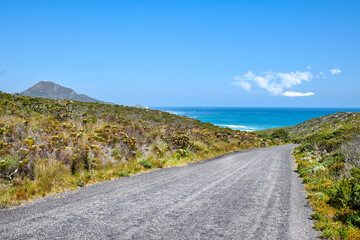 Obraz premium Blue sky, ocean or road with landscape in nature for travel destination, coastal vegetation or trip. Seaside, biodiversity and street in natural environment for scenic route, getaway journey or space