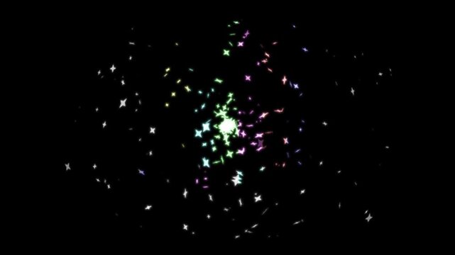 Magical glowing star particles explosion on black background, vibrant multi-color shimmering stars burst for fantasy events, Christmas joy, and kids party motion graphics overlay.