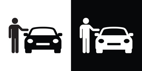 Silhouette of a person standing next to a car. Man gesturing toward a vehicle. Vector icon depicting car ownership, rental, or person arriving at a destination. © bibin