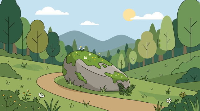 A serene landscape illustration of a winding road through a green forest with a large boulder and trees under a sunny sky.