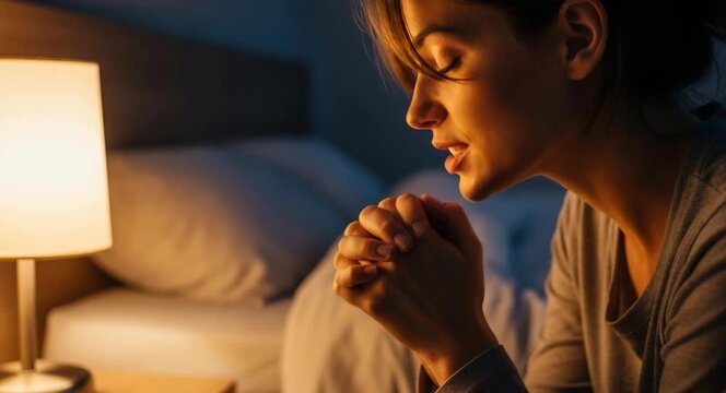 Woman praying with clasped hands in bedroom at night. Faithful girl seeking grace and silent connection with god in spirituality. Devout religious reflection.