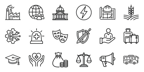 Fototapeta premium Comprehensive set of diverse industry icons representing business education law healthcare and technology sectors