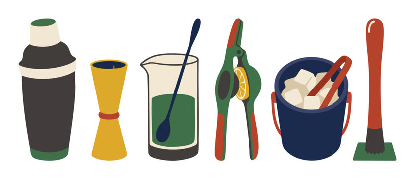 Cocktail Bar Tools Set Vector Illustration for Mixology and Bartending Drinks. Essential professional barware collection featuring shaker, jigger, stirrer, citrus squeezer, ice bucket and muddler.