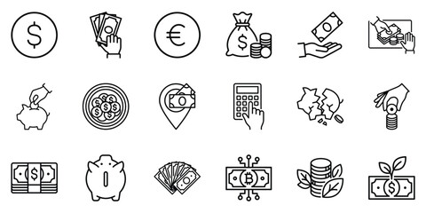 Finance and money management line icon set with currency banking investment and savings symbols currency cryptocurrenc © Suhel_AI Design