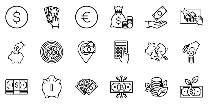 Finance and money management line icon set with currency banking investment and savings symbols currency cryptocurrenc