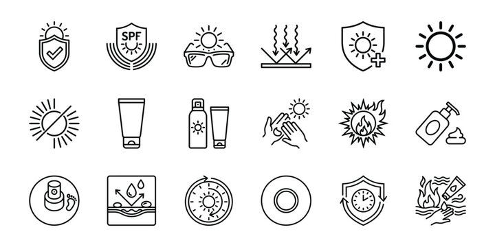 Sun protection and spf skincare line icon set featuring uv radiation shield sunglasses and sunscreen bottles, protection