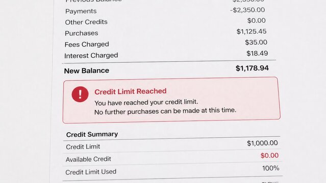 Credit limit reached notification on financial statement highlighting unavailable credit and exceeded limit concept of financial management, budget control, credit awareness