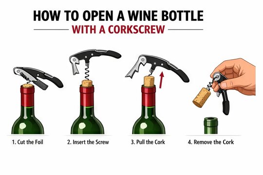 How to open a wine bottle with a corkscrew. Step by step illustration for removing a cork from a bottle. Practical instruction guide for alcohol service and home party preparation