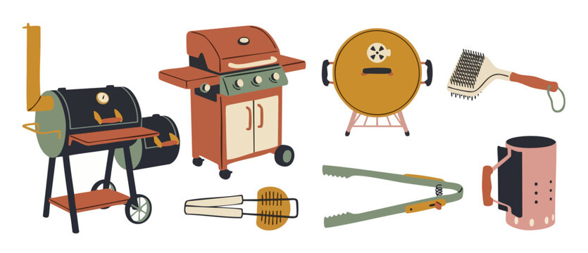 Barbecue Grills and BBQ Tools Set, Hand Drawn Collection of Outdoor Cooking Equipment with Smokers, Charcoal Starter, Tongs and Cleaning Brush for Summer Garden Party and Restaurant Menu Illustration