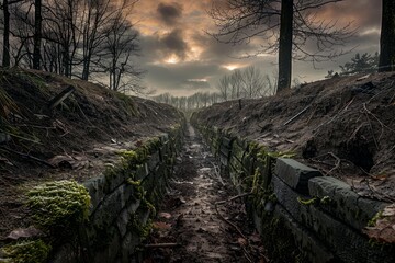 Obraz premium Moss growing on the walls of a trench from the first world war with bare trees and sunset in the background