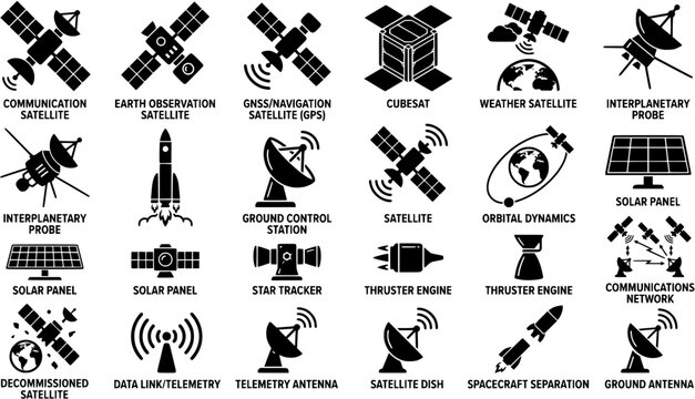 Space satellite technologies isolated vector symbol image
black icons