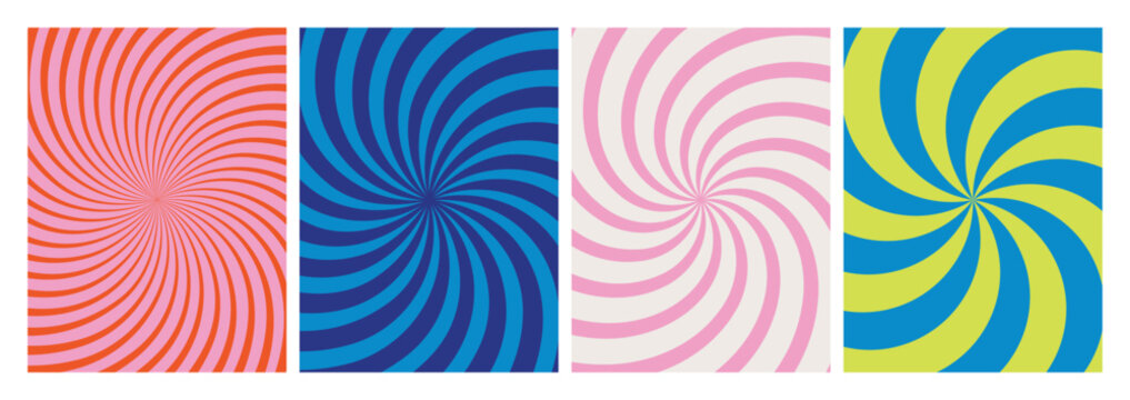 Swirl Spiral Retro Backgrounds. Abstract Psychedelic Color Sun Burst. Funky Wavy Lines Radial Swirls.