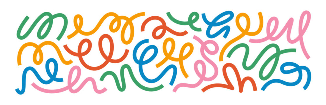 Abstract Color Line Shapes Set. Vector Squiggle Graphic Design. Wavy Fun Kid Pattern Isolated on White Background. Organic Doodle Ribbon Elements.