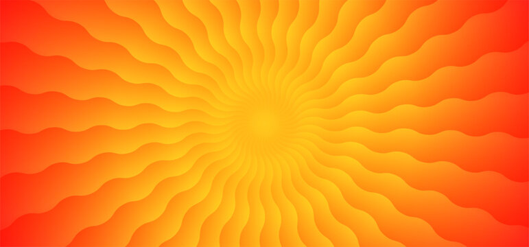 Summer Sun Abstract Pattern. Vector Gradient Background with Radial Sunrise. Wavy Yellow Groovy Sunburst Texture. Funky Orange Sun Flower.