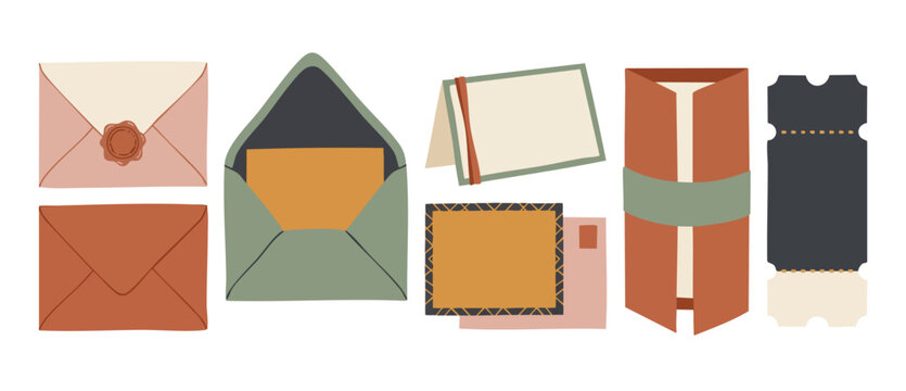 Envelope and Invitation Card Set, Flat Vector Stationery Collection for Wedding or Event Stationery, Minimalist Paper Goods Design with Wax Seal and Ticket Elements for Elegant Correspondence Projects