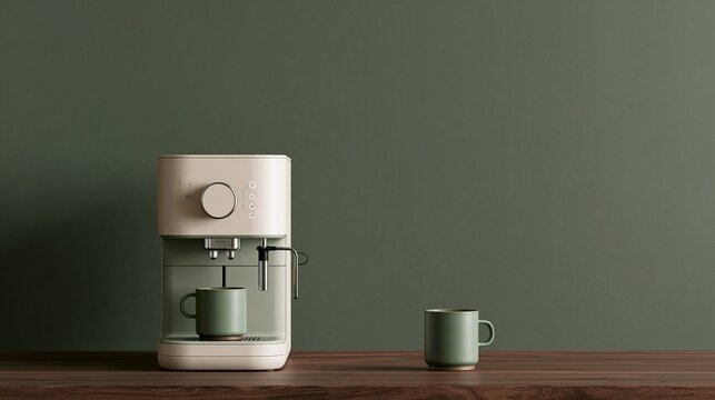 Coffee machine brews on table, green background behind it. Text can fit.