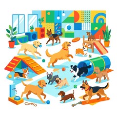 Fototapeta premium Dogs are active in a daycare facility, engaging with various toys, ramps, and tunnels. The space is bright and colorful, fostering fun and play.