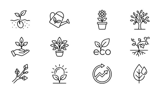 Growing plants monoline icon collection with eco botanical symbols vector set