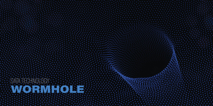 Blue neon particles swirling around wormhole data concept