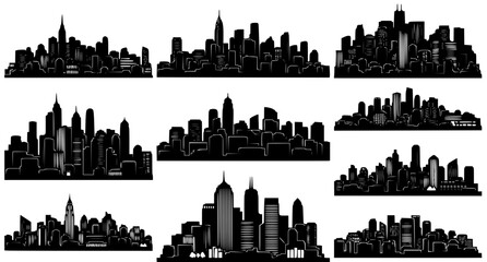 Obraz premium Detailed black silhouette city skylines set featuring dense architectural structures and urban landscapes
