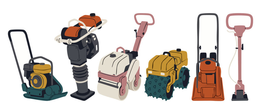 Construction machinery plate compactor and soil roller set for road work and ground leveling. Industrial heavy equipment collection for building construction site maintenance and professional repair t