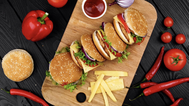 Top view of mini burgers on a wooden board with fresh vegetables, chili, and ketchup on a black background. Food flat lay.