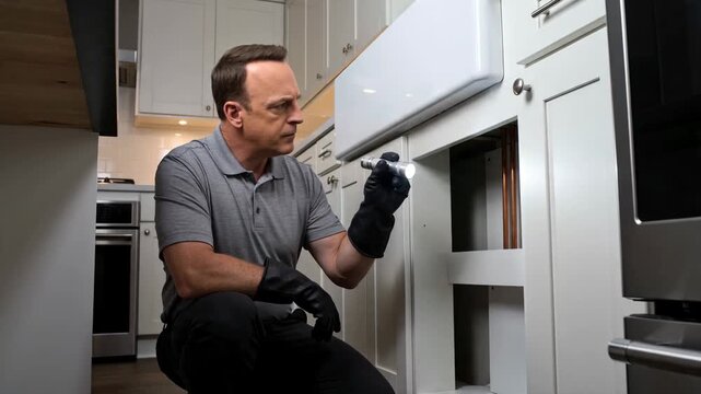 Pest control technician uses flashlight to inspect kitchen cabinets for infestation. Professional exterminator searching for rodents and pests in home interior.